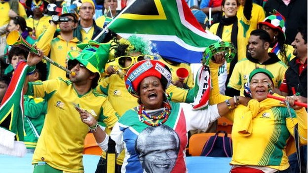 South Africa fans show their support for Nelson Mandela at the Opening Ceremony ahead of the 2010 FIFA World Cup South Africa Group A match between South Africa and Mexico at Soccer City Stadium on 11 June 11, 2010 in Johannesburg, South Africa