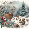 Cerf et écureuil dans la neige