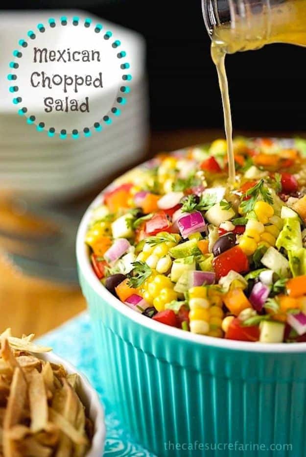 Best Dinner Party Ideas - Mexican Chopped Salad - Best Recipes for Foods to Serve, Casseroles, Finger Foods, Desserts and Appetizers- Place Settings and Cards, Centerpieces, Table Decor and Recipe Ideas for Supper Clubs and Dinner Parties http://diyjoy.com/best-dinner-party-ideas