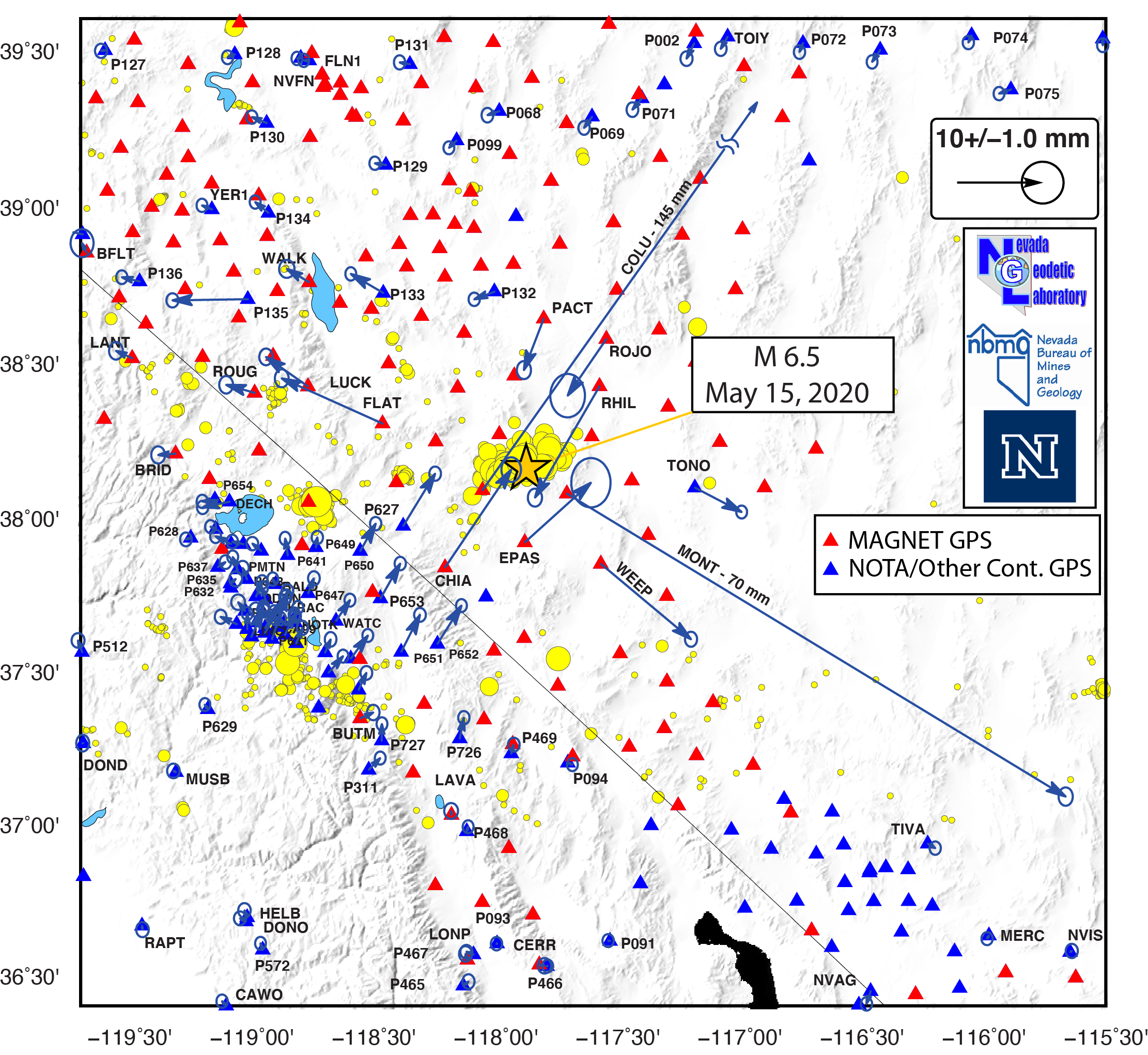 Map of Earthquakes and GPS displacements