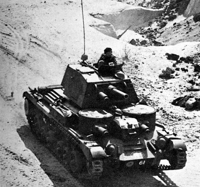 Cruiser Mk.I CS (Close Support) with a 3.7 in (94 mm) howitzer, firing smoke rounds, Libyan desert, 1940