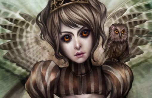 Owl girl with an owl on her shoulder