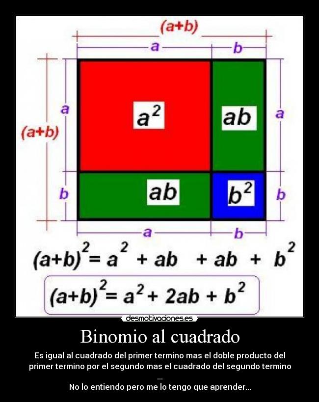 Binomio al cuadrado - Es igual al cuadrado del primer termino mas el doble producto del
primer termino por el segundo mas el cuadrado del segundo termino
...
No lo entiendo pero me lo tengo que aprender...