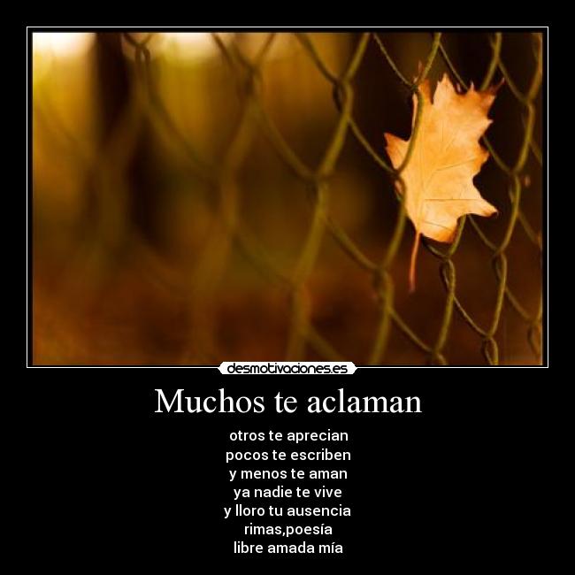 Muchos te aclaman - otros te aprecian
pocos te escriben
y menos te aman
ya nadie te vive
y lloro tu ausencia
rimas,poesía
libre amada mía