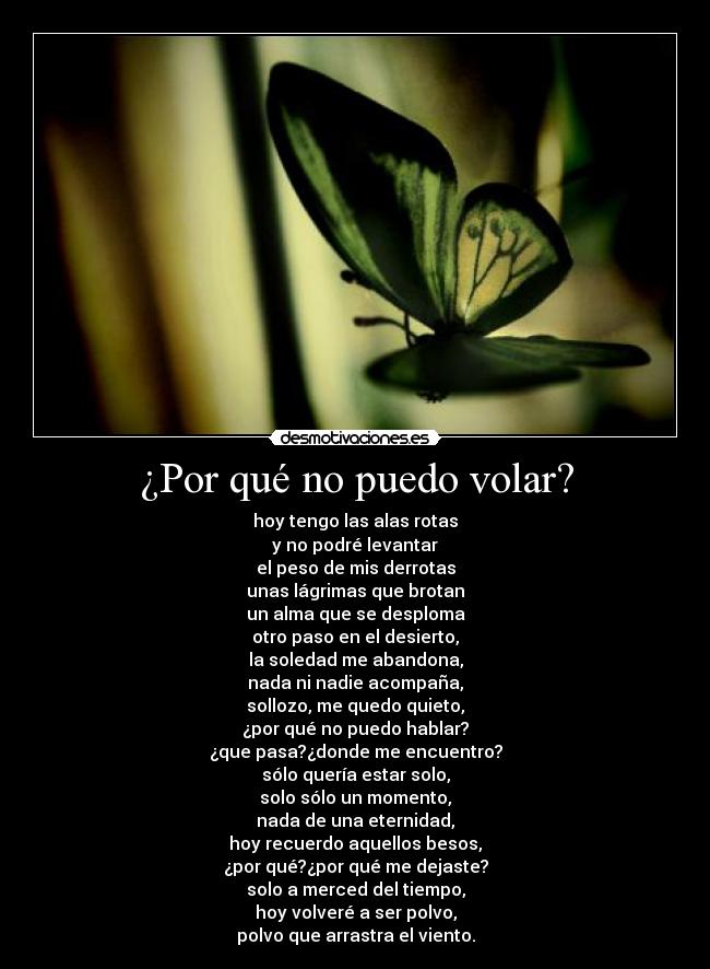 ¿Por qué no puedo volar? - hoy tengo las alas rotas
y no podré levantar
el peso de mis derrotas
unas lágrimas que brotan
un alma que se desploma
otro paso en el desierto,
la soledad me abandona,
nada ni nadie acompaña,
sollozo, me quedo quieto,
¿por qué no puedo hablar?
¿que pasa?¿donde me encuentro?
sólo quería estar solo,
solo sólo un momento,
nada de una eternidad,
hoy recuerdo aquellos besos,
¿por qué?¿por qué me dejaste?
solo a merced del tiempo,
hoy volveré a ser polvo,
polvo que arrastra el viento.