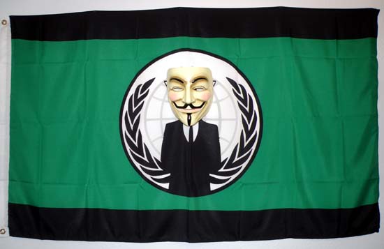 Flag of Anonymous with a Guy Fawkes mask.