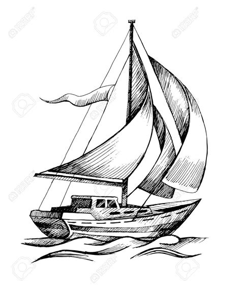 Sailboat Drawing Sketch Sailing Ship Vector Sketch Isolated With Waves ...