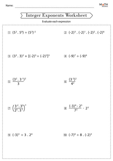 Integer Exponents Worksheet