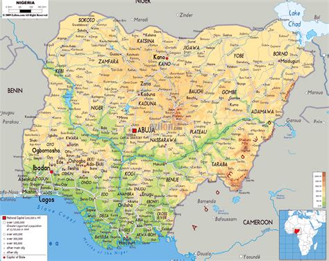 Large physical map of Nigeria with roads, cities and airports | Nigeria ...