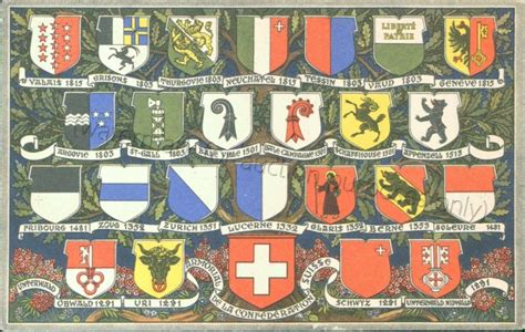 Switzerland - Swiss Cantons Flags and Arms 1949, shields - Vintage ...