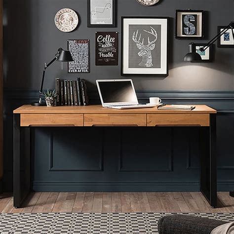 47.2" Rustic Wooden Natural & Black Office Desk with Drawers & Metal ...