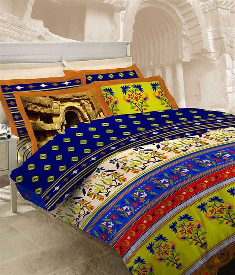 Bombay Dyeing Multicolour Ethnic Cotton Double Bedsheet With 2 Pillow ...