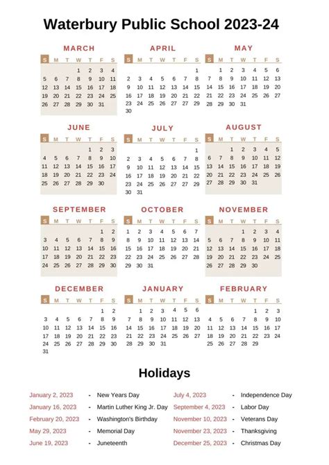 Waterbury Public Schools Calendar 2023-24 With Holidays