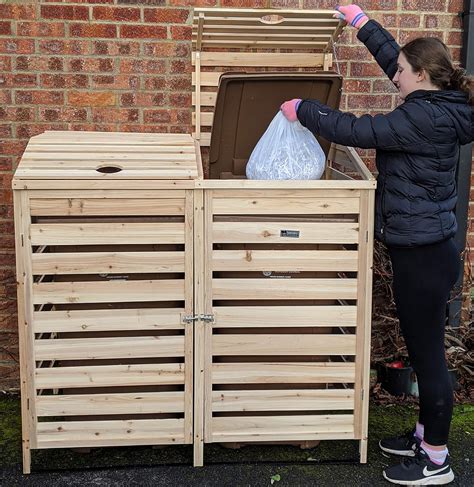 BinGarden Double Wooden Slatted Wheelie Bin Store with Bi-Fold Roof ...