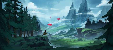 #illustration #women #landscape #mountains #forest #umbrella fantasy ...