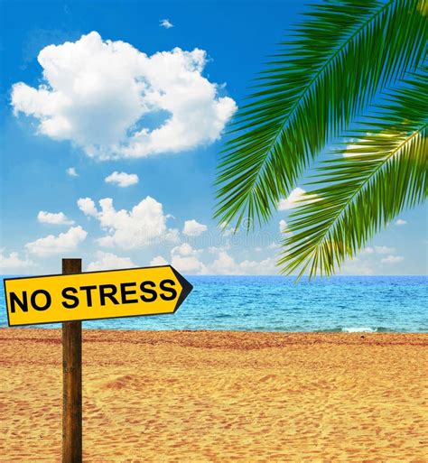 Tropical Beach and Direction Board Saying NO STRESS Stock Photo - Image ...