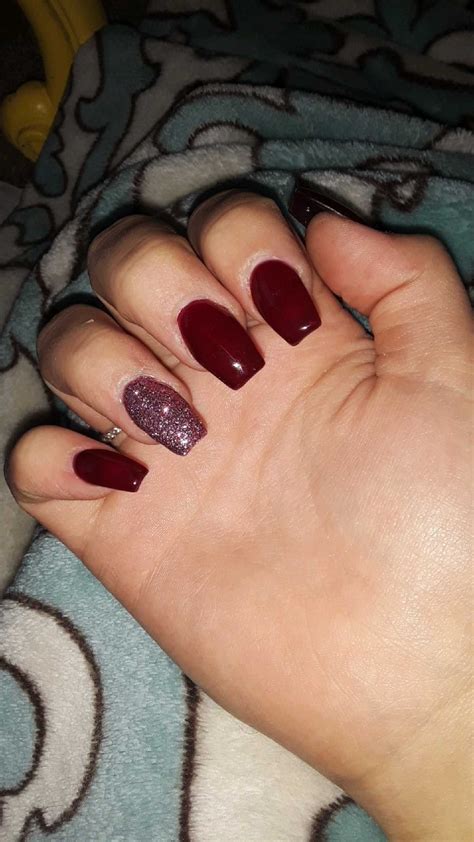 Burgundy red nails with 1 sparkly nail Red Sparkle Nails, Dark Red ...