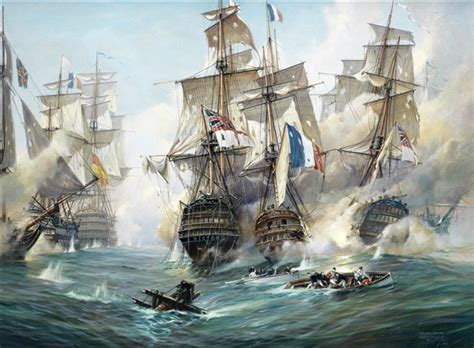 The battle of Trafalgar - H.M.S. Victory and H.M.S. Téméraire in close ...