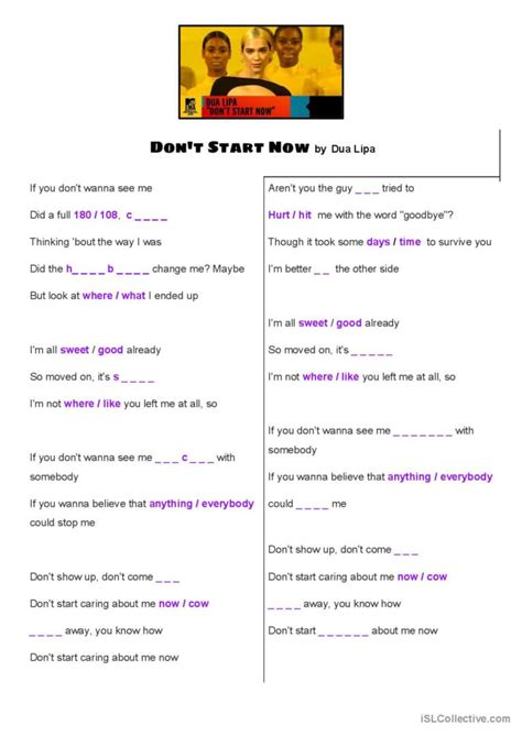 Don't Start Now by Dua Lipa song and…: English ESL worksheets pdf & doc