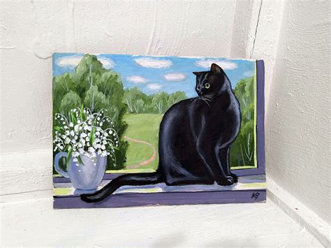 Black cat sitting on the window original oil painting animal | Etsy