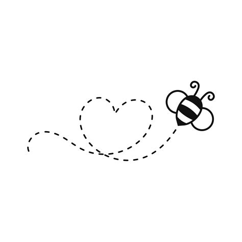 a black and white drawing of a bee flying through the air with a dotted ...