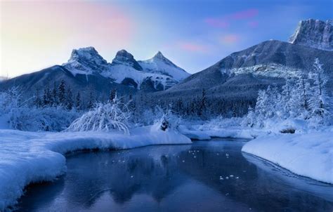 Wallpaper winter, snow, trees, mountains, river, Canada, Albert ...