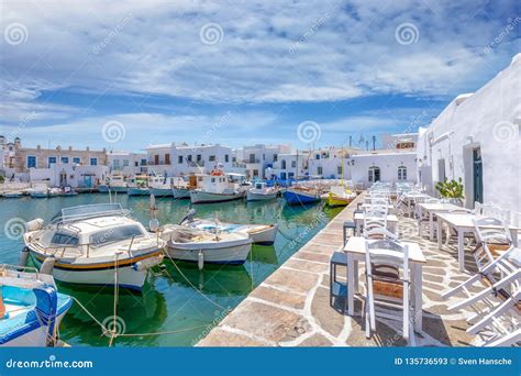 Bars And Restaurants At The Greek Fishing Village Of Naousa, Paros ...