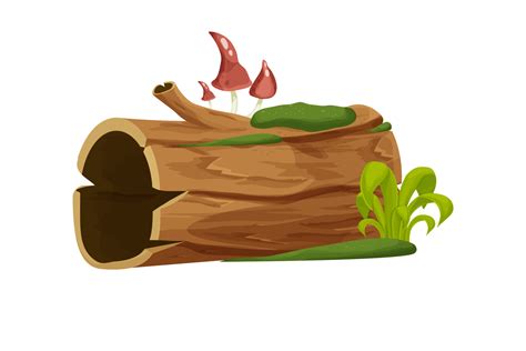 Old wood, tree log, trunk with moss and grass empty in cartoon style ...