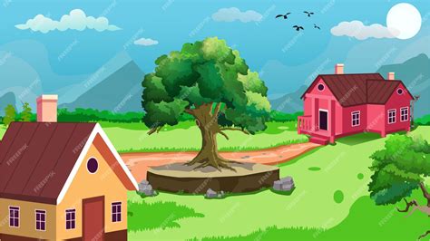 Premium Vector | Beautiful village cartoon background of green meadows ...