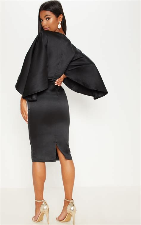 Black Satin Structured Cape Midi Dress | PrettyLittleThing USA