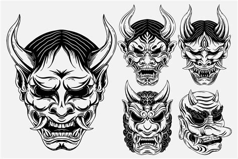 Set Bundle Dark Art Japanese Devil Oni Mask Tattoo Hand Drawn Engraving ...