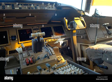 Flight instruments on an instrument panel in a cockpit of Boeing 777 ...