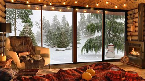 Snow Falling Day in Cozy Winter Cabin Ambience with Fireplace Sound and ...