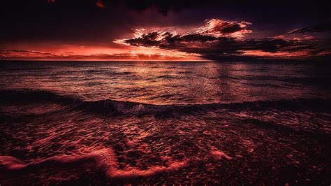 wallpaper sea, sunset, surf, horizon HD : Widescreen : High Definition ...