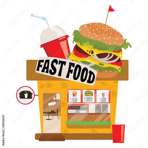 Cartoon fast food restaurant. Small shop. Business illustration. Stock ...