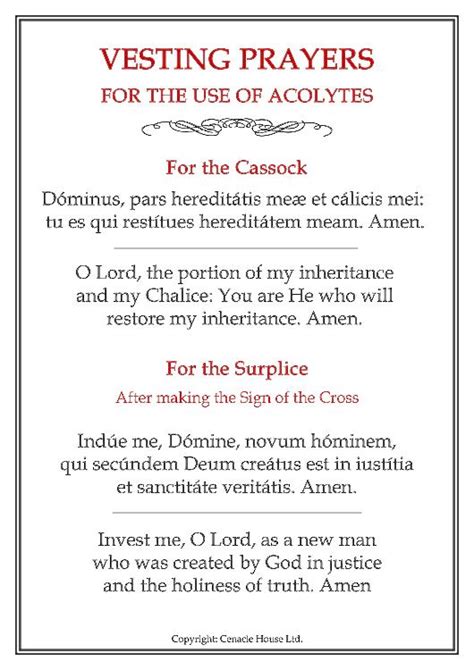 Vesting Prayer Card for Altar Servers - Laminated