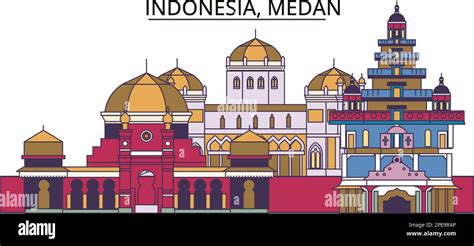 Indonesia, Medan tourism landmarks, vector city travel illustration ...