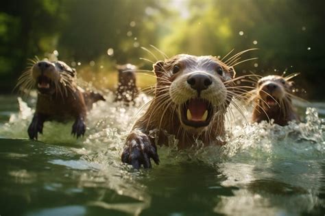 Premium AI Image | Group playful otters swimming in the river