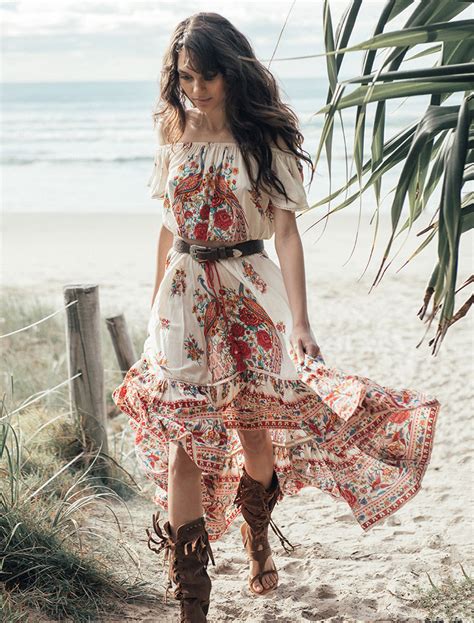 Women White Dress Gypsy Off The Shoulder Printed Flowy Dress Boho Maxi ...