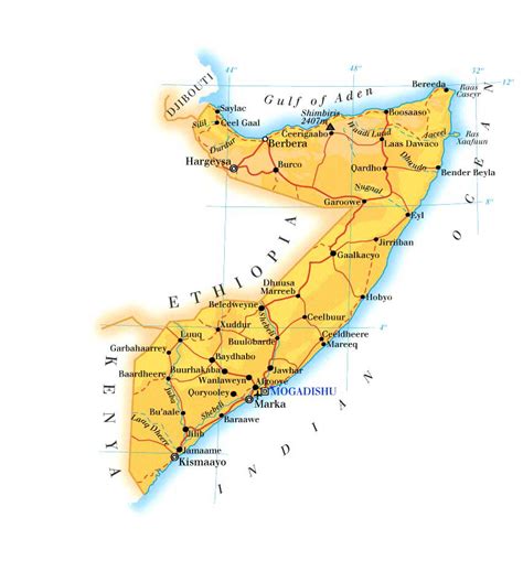 Detailed physical and road map of Somalia. Somalia detailed physical ...