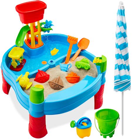 Kids Outdoor Sand & Water Table w/ 18 Accessories, Adjustable Umbrella ...