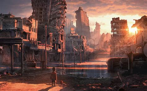 HD wallpaper: sunset postapocalyptic artwork boys abandoned city ...