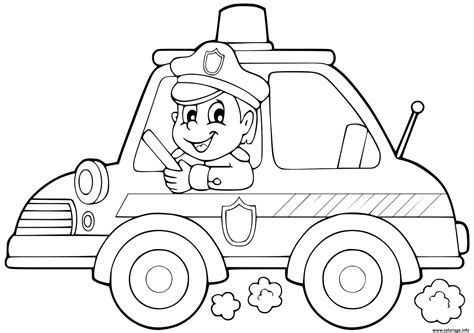 Coloriage voiture de police avec un policier conducteur - JeColorie.com