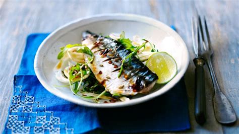 Grilled mackerel with soy lime dressing recipe - BBC Food