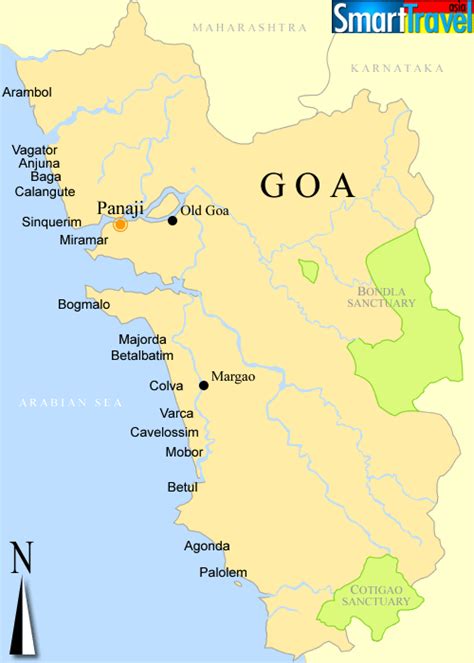 Detailed A4 printable map of Goa listing popular Goa beaches like ...