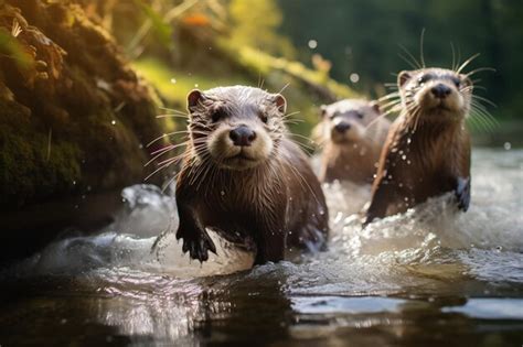 Premium Photo | Group playful otters swimming in the river