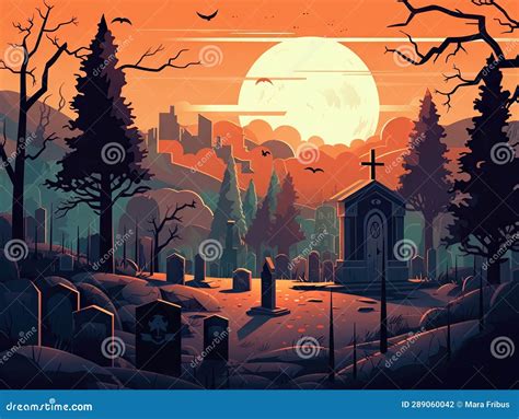 Halloween Creepy Graveyard Modern Illustration. Holiday Card Drawing ...