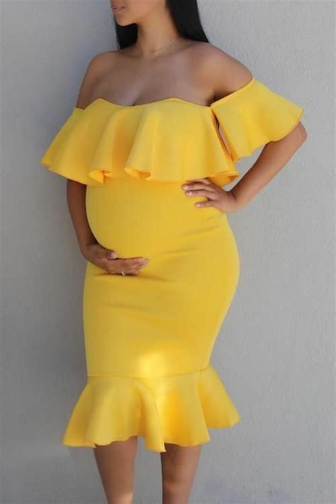 Yellow Short off the shoulder dress in 2021 | Maternity dresses for ...