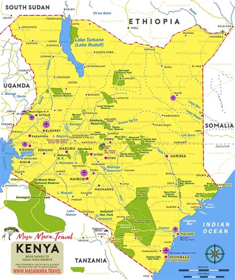 Map of Kenya : Kenya Map showing National Parks, Reserves & Major Features|