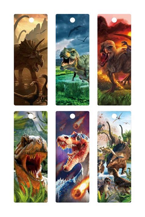 four different dinosaur bookmarks with dinosaurs in the background and ...